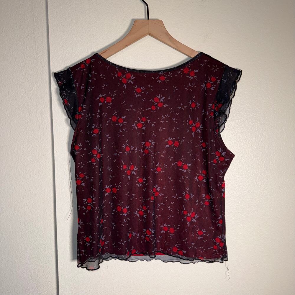 ROMWE Goth Ditsy Floral Print fairy grunge Bow Trim sheer Mesh whimsigoth Top XL - Picture 6 of 6